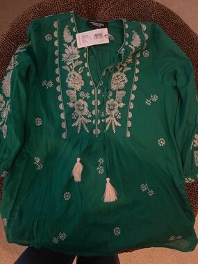 Johnny Was Emerald Green Embroidered Tassel Tunic